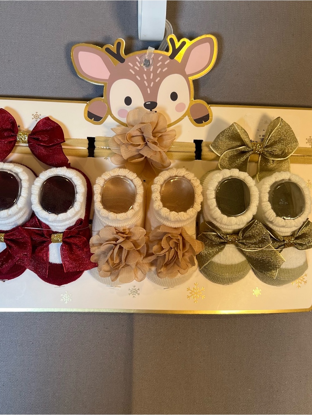 Baby Girls Bow & Flower Knit Socks & Headband 6 Piece Set - Red, Beige, Gold